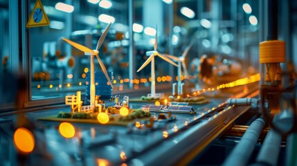 A high-tech facility for renewable energy research, with miniature models of wind turbines and solar panels. Clean energy design and generation. Generative ai