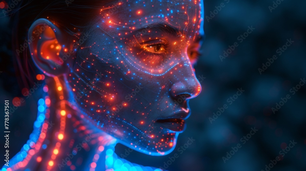 Poster In this image of an AI or artificial intelligence head in profile view, an AI solves a problem. The bald head of an AI looks thoughtfully into the camera. Electrodes are connected to the AI's head.