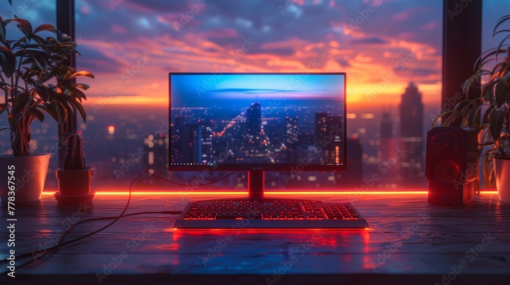 Poster The front view of a gaming desktop computer is shown on a table. It has a neon light on its frame. The front view of the PC is shown on a table with a glowing neon light. A mock up of an empty screen