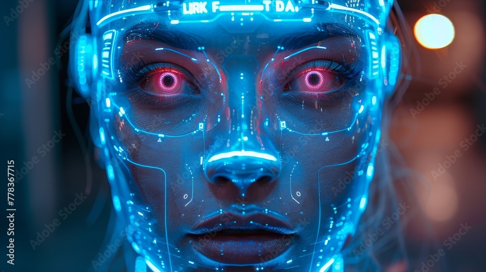 Aufkleber Bipedal autonomous humanoid robot. Humanoid robot with artificial intelligence. Glass mask with robotic hands. Anthropomorphic robotics assistant.