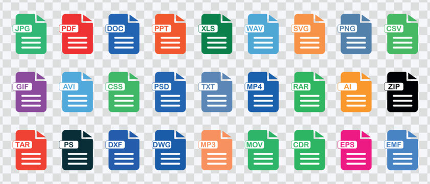 "Comprehensive collection of document icons including JPG, PDF, DOC, PPT, XLS, MP4, RAR, PSD, EPS, AI, ZIP, MP3, MPV, GSF, and more. Editable vector illustrations."