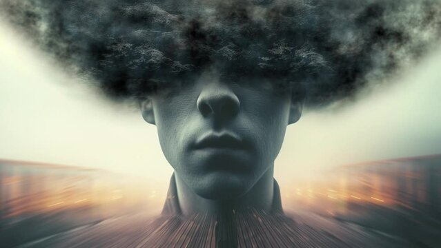 Depressed Man with Brain Fog Head. Struggle and Uncertainty with Haunting Visuals.