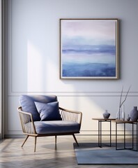 Blue and white painting and chair in a white room with a gray rug and two tables with vases on it