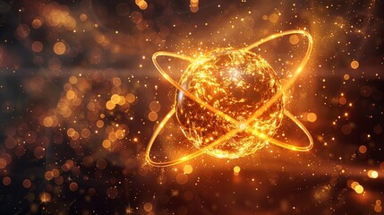 See an atom aglow with a radiant, goldenyellow hue, its nucleus shimmering with the energy of creation, highresolution