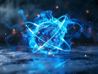 See an atom aglow with a vibrant, electric blue hue, its atomic structure buzzing with the excitement of quantum activity, high detailed