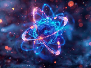 See an atom aglow with a vibrant, electric blue hue, its atomic structure buzzing with the excitement of quantum activity, high detailed