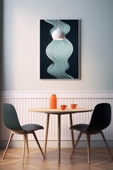 3D rendering of a mid-century modern dining room with a blue and green wave artwork