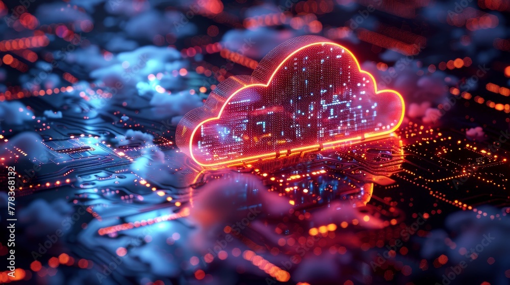 Leinwandbilder Isometric cloud computing concept. Cloud storage in software development. Digitized internet technology. Remote database administration. Cloud technology data center. Abstract computer interface.