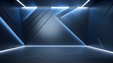 Modern blue geometric Interior with Neon Lighting. Empty Room for Product Presentation