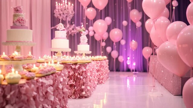 A table covered in countless pink balloons, creating a cheerful and whimsical atmosphere, A sweet 16 birthday party with sparkles and pink decorations, AI Generated