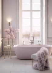 Bathroom in pastel colors with a pink bathtub, a furry pink armchair and a decorative tree