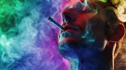 Colorful smoke around human profile silhouette - A vibrant image showing a silhouette of a human profile enveloped by multicolored smoke, symbolizing creativity and imagination