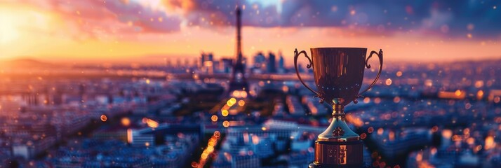 Trophy against bokeh cityscape background - Gleaming trophy stands out against a bokeh-effect backdrop of a cityscape during twilight hours, denoting achievement - obrazy, fototapety, plakaty