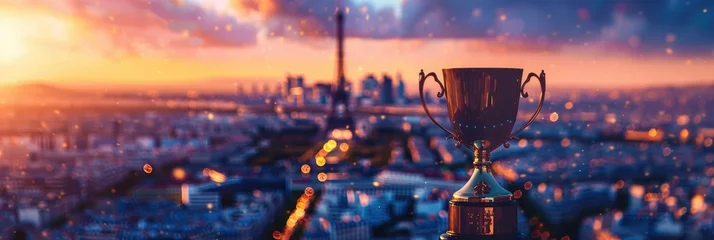 Tuinposter Trophy against bokeh cityscape background - Gleaming trophy stands out against a bokeh-effect backdrop of a cityscape during twilight hours, denoting achievement © Mickey