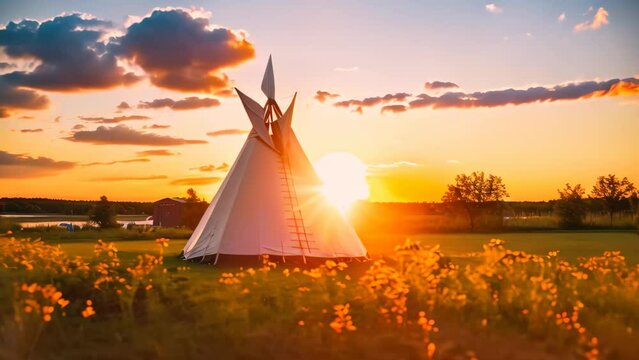 A teepee, a traditional Native American shelter, sits in the center of a vast, serene field, A traditional tipi in a field with a sunset, AI Generated