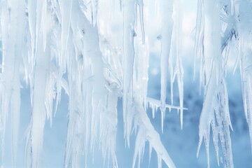 Closeup of icicles hanging from a tree branch with a blurred background in blue tones, nature photography, frozen, winter, cold, ice stalactites