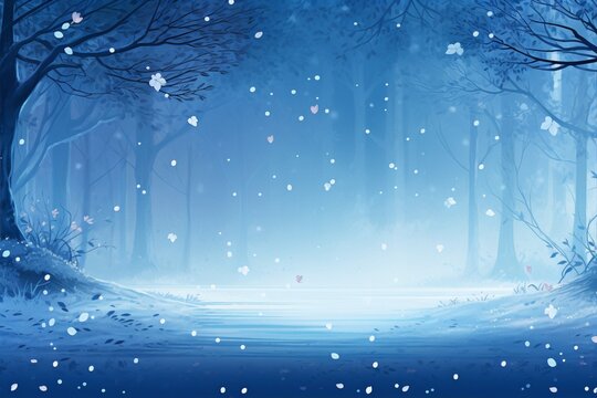 Blue dreamy winter forest with snow and butterflies