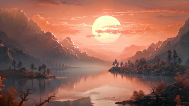 A beautiful painting depicts a serene sunset casting a warm glow over a calm body of water, A tranquil depiction of soft, blending hues reminiscent of a sunset, AI Generated