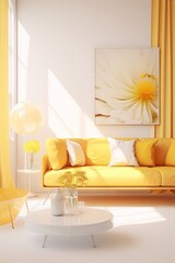 Yellow minimalist living room interior with white accents and yellow flower painting