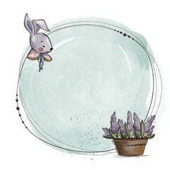 Spring illustration in watercolor style with Easter bunny and flowerpot with crocuses. Image for your holiday lettering, card, sticker or social media post.
