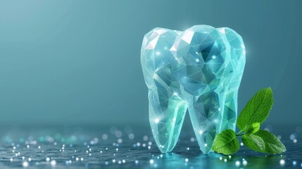 In a futuristic digital polygonal style on a blue background, a tooth displays a mint leaf in an attempt to convey the idea of cleanliness and freshness in the mouth. Modern illustration. - obrazy, fototapety, plakaty