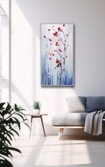 vibrant red tree branches with delicate petals against a pale blue background in an abstract painting in a living room
