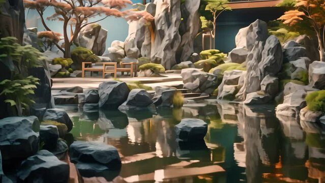 This painting showcases a peaceful and serene Japanese garden featuring a tranquil pond and beautifully blossoming trees, A tranquil zen garden with koi pond and rock formations, AI Generated