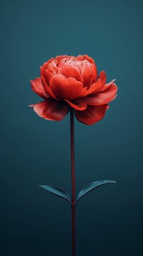 Red rose on dark blue background, 3D rendering, art deco, minimalism, single flower, studio shot