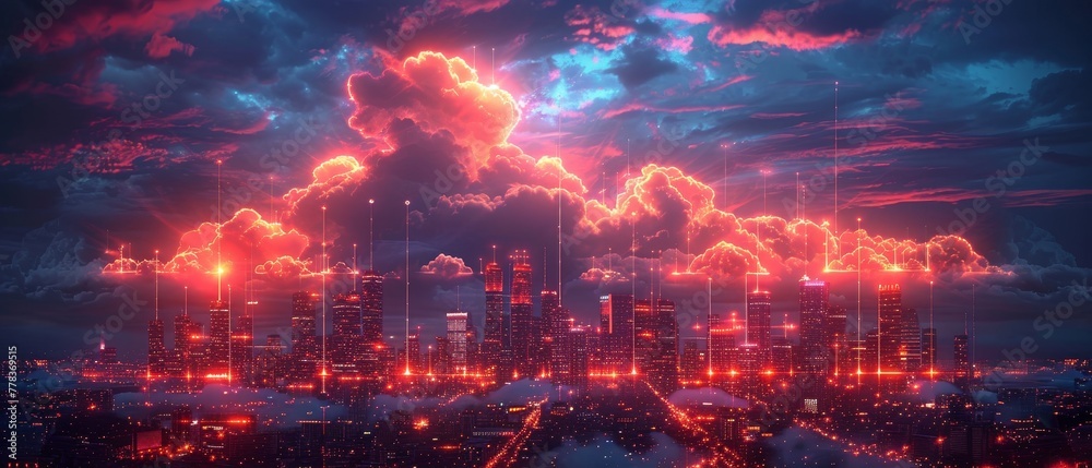 Poster Cloud computing concept for a virtual smart city with wireless internet communication and cloud storage. Download and upload data to the cloud. Digital cloud over the virtual smart city. Internet of