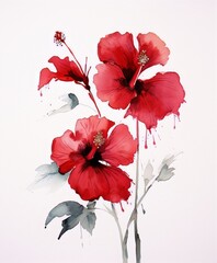 Three red watercolor hibiscus flowers with green leaves on a white background.