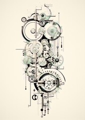 Obraz premium Black and white detailed clockwork gears and cogs drawing, industrial, intricate, line art, steampunk.
