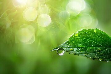 Green leaf adorned with glistening water drops in a vibrant natural setting, capturing the essence of a fresh and dewy morning in the heart of nature's embrace - obrazy, fototapety, plakaty