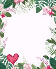 Pink heart-shaped balloon among green leaves and pink flowers on white background, perfect for wedding invitations, birthday cards, and Valentine's Day.