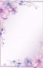 ornate frame of delicate purple pink flowers and golden leaves on a lined paper background