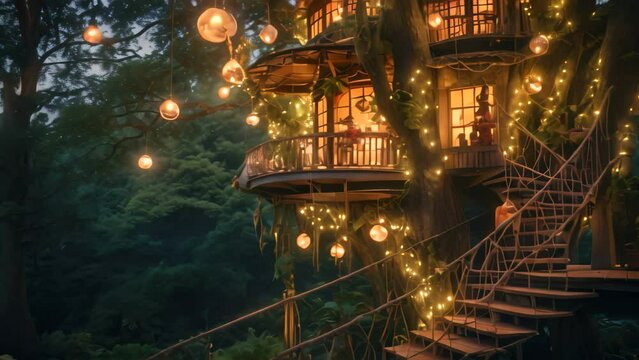 A beautifully lit tree house that stands out in the night with numerous lights illuminating its surroundings, A whimsical treehouse with string lights, nestled in a lush forrest, AI Generated