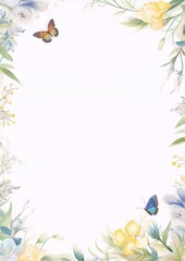 Naklejka premium Watercolor floral frame with butterflies,watercolor,botanical,vintage,delicate,pastel,elegant
