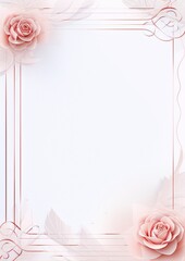 Pink roses and leaves with golden frame on a white background, digital art, art deco, interior, wedding invitation.
