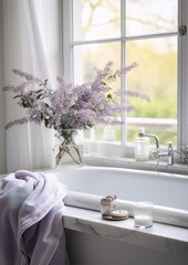 Elegant bathroom interior with lilac flowers, soft towel and lit candle in bright light
