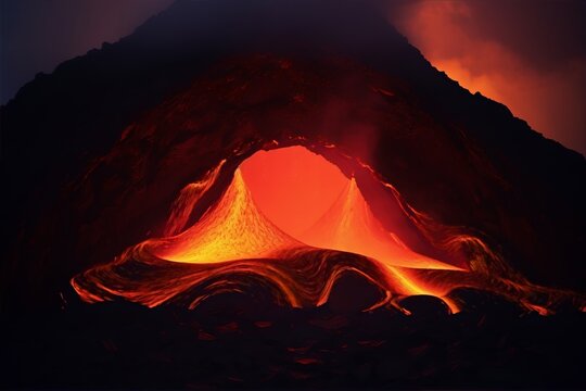 molten lava from kilauea volcano flows over edge of crater at night