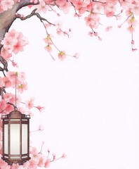Delicate cherry blossom branches with pink flowers and a traditional paper lantern on a white background in the style of Japanese watercolor painting. - obrazy, fototapety, plakaty