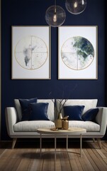 Blue and gold celestial map art in a modern living room interior