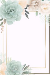 Soft pastel flowers in muted colors with gold frame, perfect for wedding invitations, art nouveau style