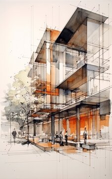 Watercolor painting of a modern apartment building with people outside