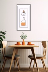 Table and chairs in a minimalist dining room with a framed line drawing of a bottle and light fixture in the background.