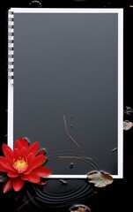 Black water surface with red flower and floating leaves with white frame