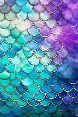 A seamless mermaid scale pattern in shades of blue, purple, and green with a shiny gold outline.