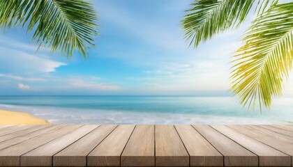 Tropical Tranquility: Wooden Table with Seascape and Palm Leaves