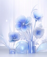 3D rendering of blue flowers in a vase with a white background in a minimalist style