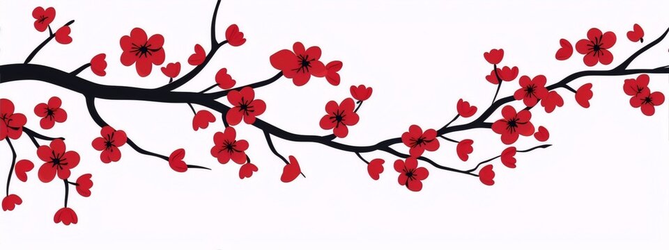 Delicate red cherry blossom branch on white background, perfect for spring and Asian-inspired designs.