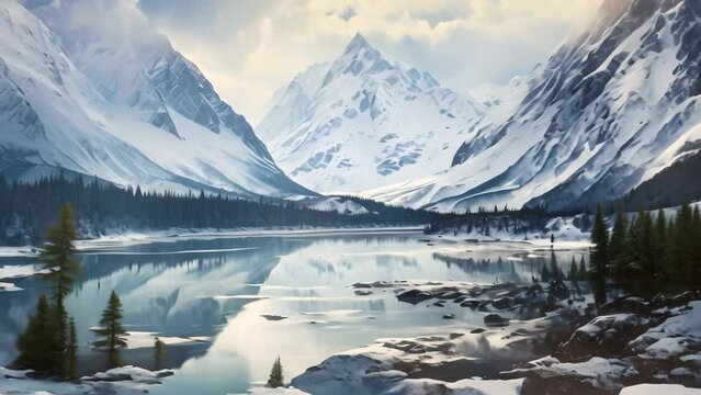 A serene lake nestled amidst snow-covered mountains, offering a picturesque view of natural beauty and tranquility, An Alaskan landscape with snow-covered mountains and a tranquil lake, AI Generated